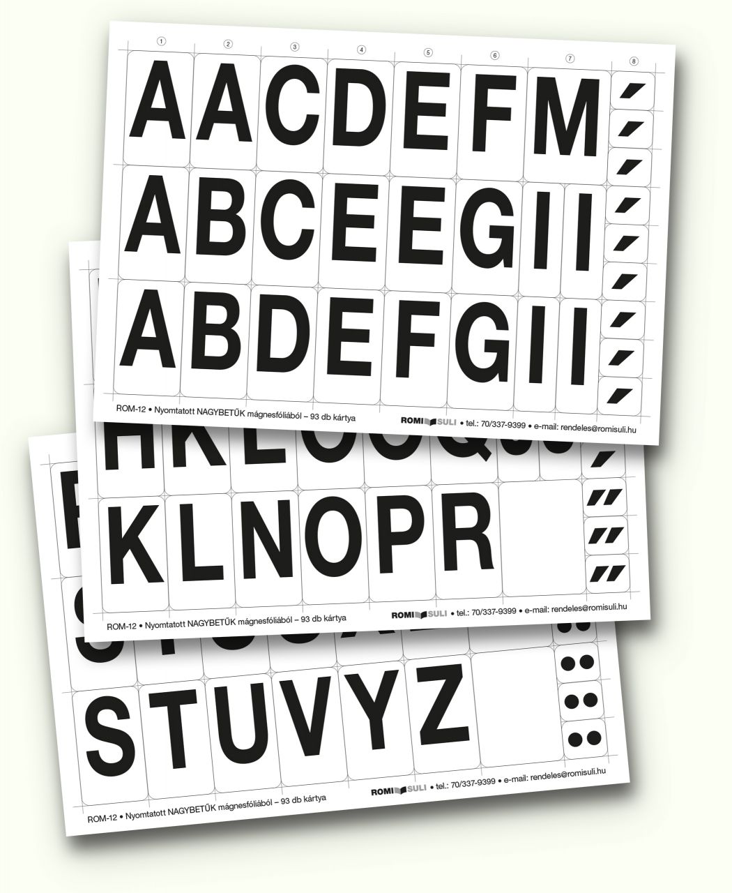 Nyomtatott nagybetűs betűkártyák<br>(mágnesfólia)